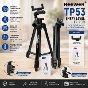 Neewer TP53 Entry Level Tripod Black 50 Inch with Phone Holder and Manual